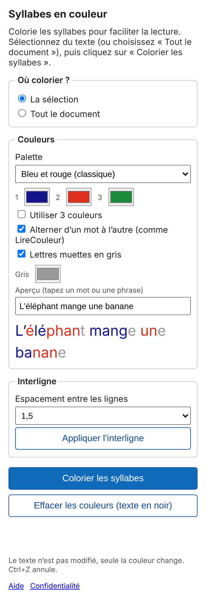 Le volet « Syllabes en couleur » dans Word : zone à colorier, palette, lettres muettes en gris et interligne.